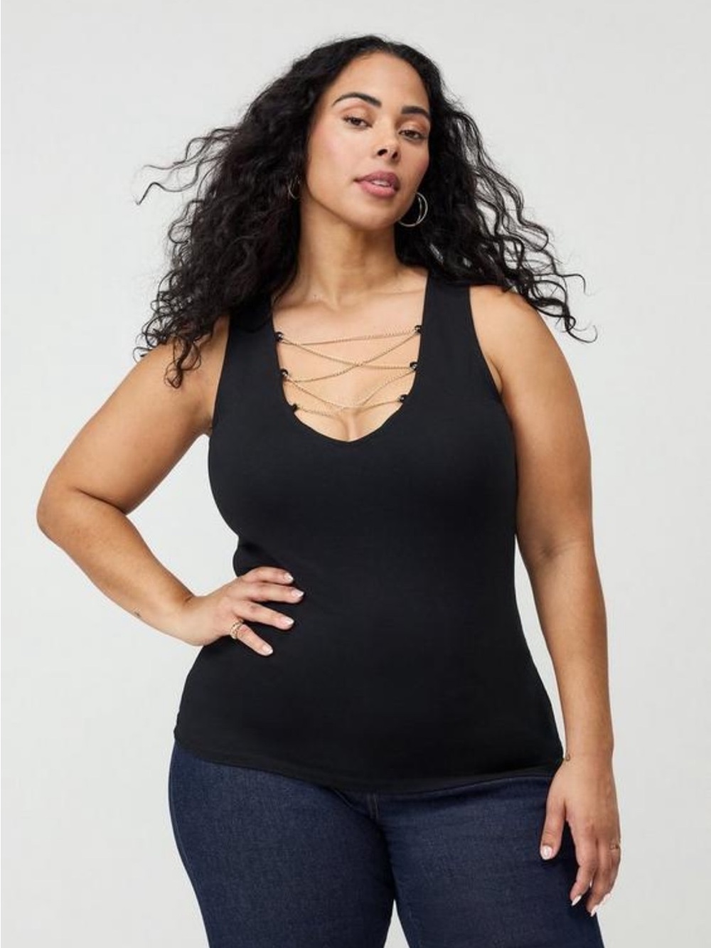torrid Black V-Neck Tank with Gold Chain Detail size 2